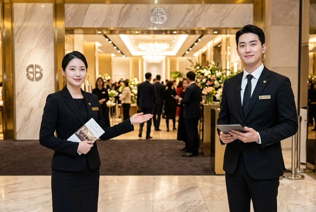 Two staff members in suits welcoming visitors at the entrance of a luxury hall